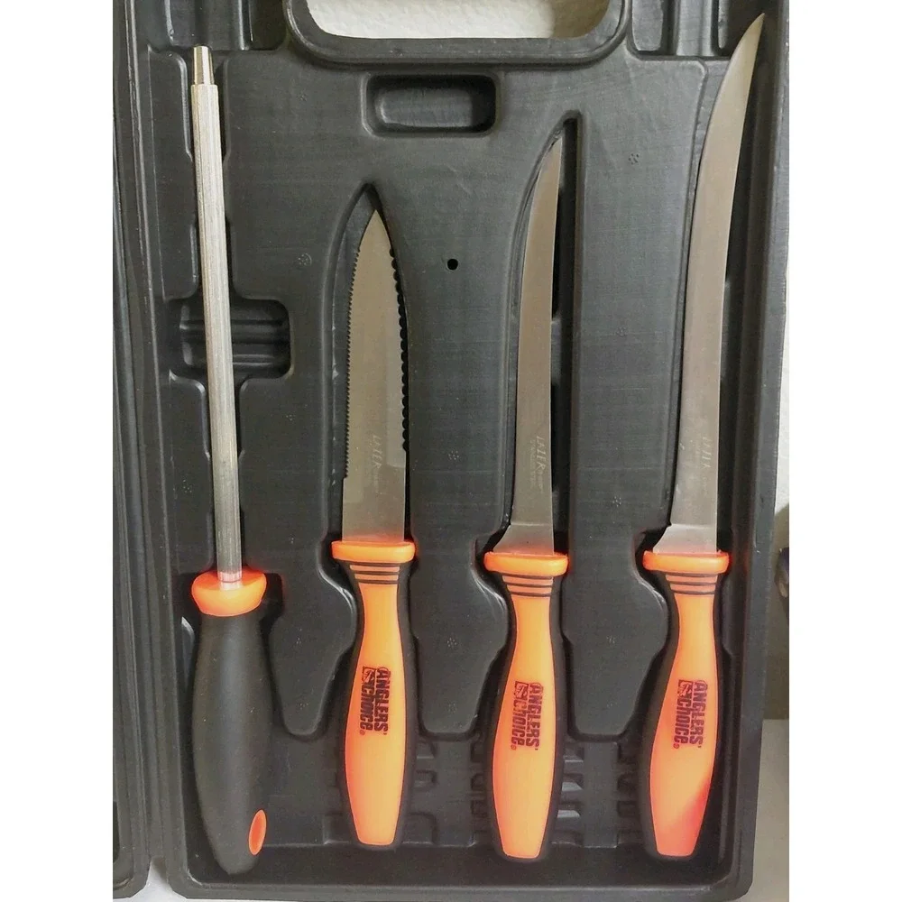 Anglers Choice 5 Piece Fillet Knife Set Cutting Board Sharpener Carry Case NEW